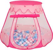 Selonis Jongens en Meisjes Kasteeltent voor Kinderen met 200 ballen - Snel Opvouwbaar met Afneembaar Dak en Ademend Gaas - Buitenspeelgoed en Binnenhuis Plezier met Opbergtas - roze:babyblauw-poederroze-parelmoer