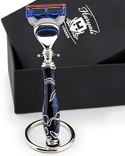 Haryali London Nieuwe editie gemarmerd blauw - 5 edge scheerapparaat met luxe handgreep en scheerapparaat staande combo