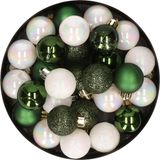 Merkloos / Sans marque Decoris Mini kerstballen - 28x - parelmoer wit en donkergroen - D3cm - kunststof