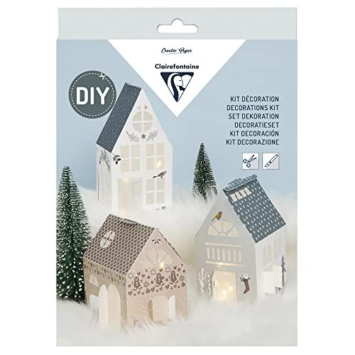 Clairefontaine 97711C - Creatieve set voor volwassenen - 3 verlichte huizen van papier, kerstdecoratie