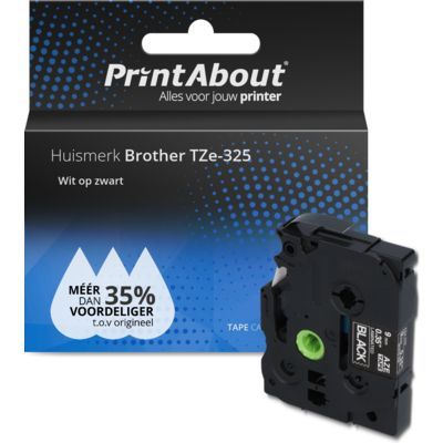 PrintAbout Huismerk Brother TZe-325 Tape - White on Black (9 mm)