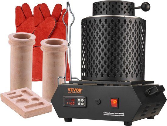 VEVOR Goudsmeltoven 1350 W 1150 °C Max. Temperatuur, Digitale Elektrische Smeltoven 1 kg / 3 kg Keramische Smeltkroes met Smeltkroestang & Handschoenen, voor de Verwerking van Goud Zilver Koper Aluminium Rood