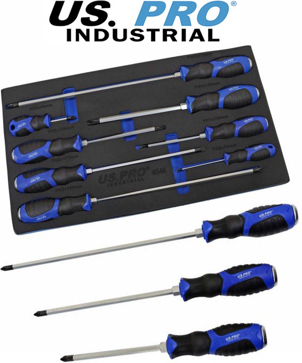 US.PRO Industrial Professionele Phillips schroevendraaierset 8-delig in foam inlay - chroom-vanadiumstaal