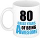 Bellatio Decorations Shoppartners Bv Verjaardag 80 jaar Koffiemok Cadeau - Great years of being awesome - wit/blauw - beker - Jubileum - voor heren - mannen
