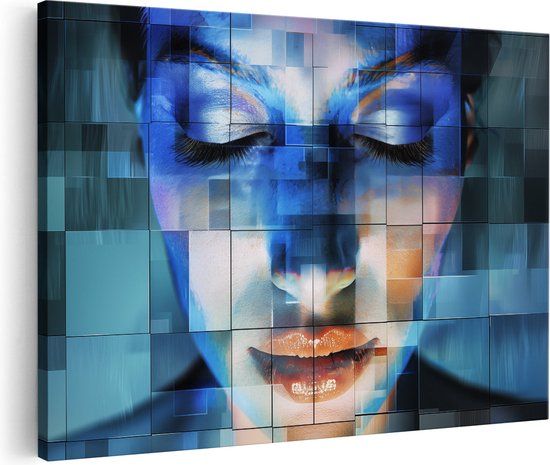 Artaza Canvas Schilderij Vrouwengezicht met Blauwe Vierkanten - 60x40 cm - Canvas Print