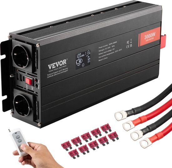 VEVOR 3000W Pure Sine Wave Inverter DC 12V to AC 230V with 2 Outlets, 2 USB Ports, 1 Type-C Port, LCD Display and Remote Control