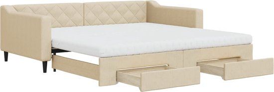 vidaXL Slaapbank met onderschuifbed en lades 100x200 cm stof crème