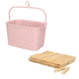 Merkloos / Sans marque Wasknijpersmandje met ophanghaak - roze - en 60x houten wasknijpers 7 cm - was ophangen