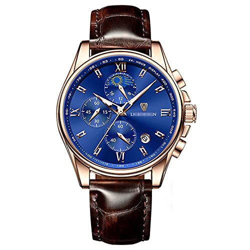 KDFJ Mannen Quartz Horloges Mode Toevallige Lederen Sport Polshorloge Waterdicht Chronograaf Mannelijke Datum Klok Drie-eye Multifunctioneel Horloge-goud blauw