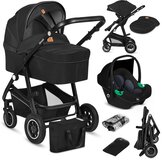 LIONELO Bianka 3-in-1 Kinderwagen Set - Zwart - incl. autostoel - 0-22kg - XXL - Buggy 3in1 - Verstelbare duwstang - Opvouwbaar - Accessoireset - XXL zonnekap - Gelagerde wielen - Reiswieg