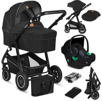 LIONELO Bianka 3-in-1 Kinderwagen Set - Zwart - incl. autostoel - 0-22kg - XXL - Buggy 3in1 - Verstelbare duwstang - Opvouwbaar - Accessoireset - XXL zonnekap - Gelagerde wielen - Reiswieg