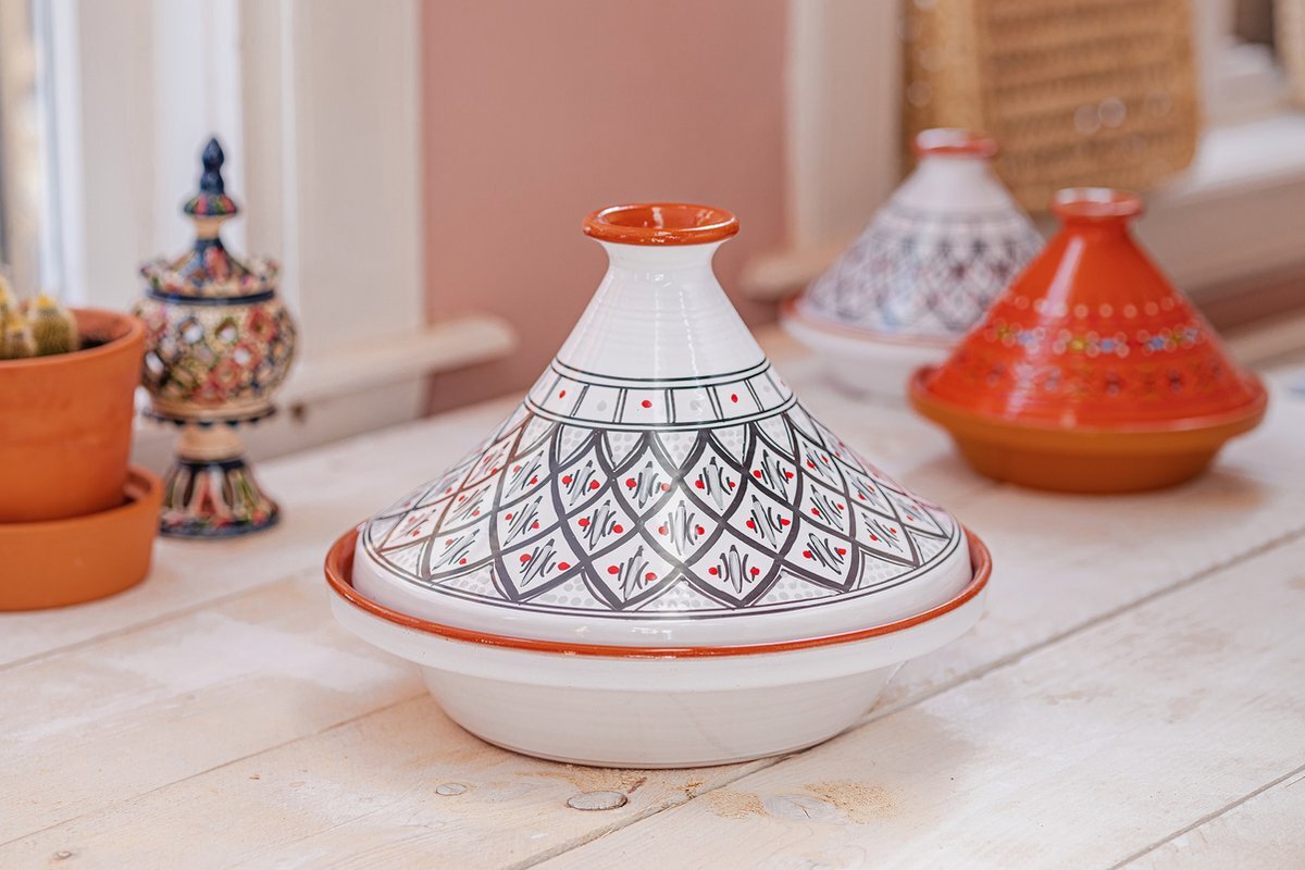 Souk Breda Kook Tajine voor Inductie, Gas, Oven Wit met Zwart Patroon