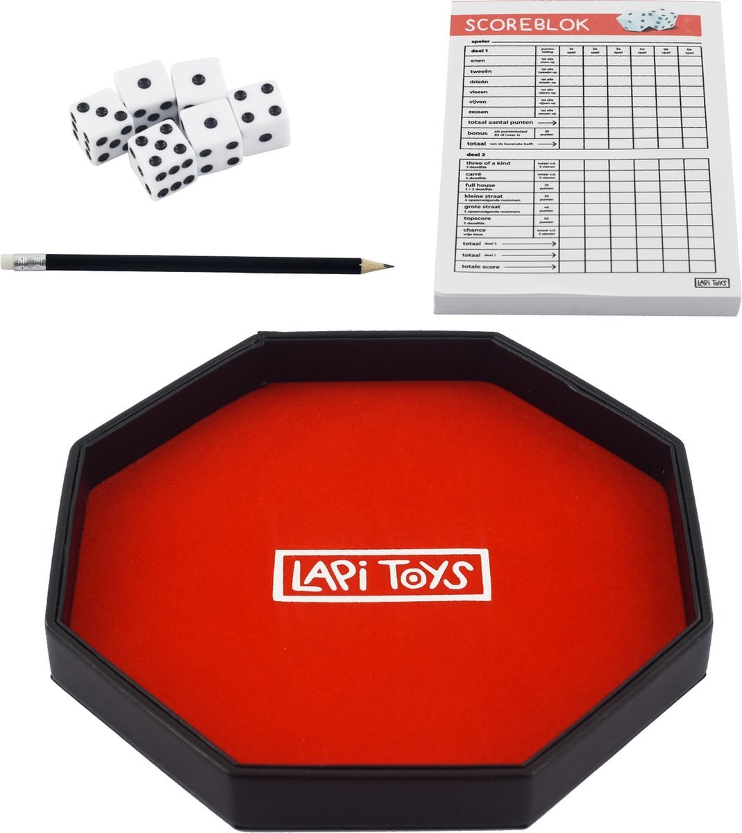 Lapi Toys - Het Dobbelspel - Yahtzee - Yatzee - Dobbel - Dobbelbord - Gezelschapsspel Voor Volwassenen En Kinderen - Dobbelpiste - Dobbelsteenbak - Rolling tray - Pitjesbak - Met Dobbelstenen Set, Yahtzee Scoreblok, Dobbelbak En Potloden - Rood