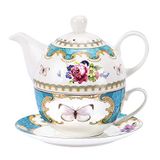 Fanquare Europese Porseleinen Thee Set voor Een met Theepot, Kop, Schotel, Vintage Bloemen Koffie Set, Blauwe Theeservies voor Volwassenen