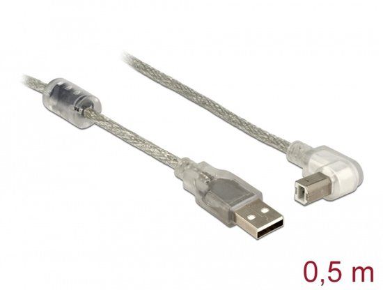 Delock Cable USB 2.0 Type-A male > USB 2.0 Type-B male angled 0.5 m transparent