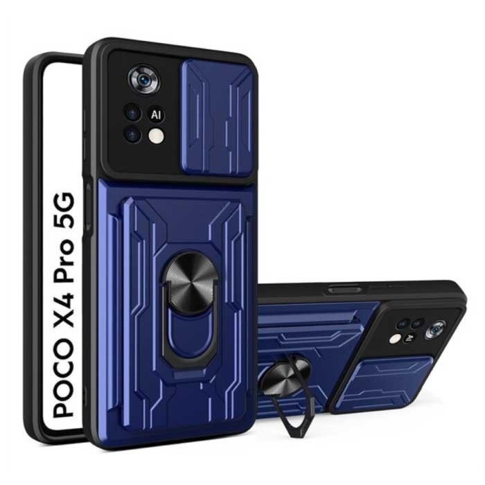 QMXD QMXD Xiaomi Poco X4 Pro 5G - Card Slot Hoesje met Kickstand en Camera Bescherming - Pop Grip Cover Case Blauw