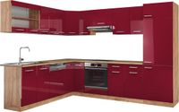 Vicco Hoekkeuken R-Line, Rode hoogglans/Goudkleurig Eiken, 287 x 227 cm zonder werkblad