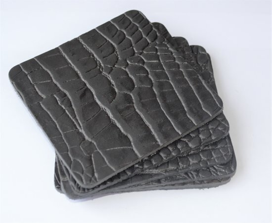 Tannery Leather Lederen Onderzetter met Crocoprint Zwart 6 stuks 10x10cm Tannery