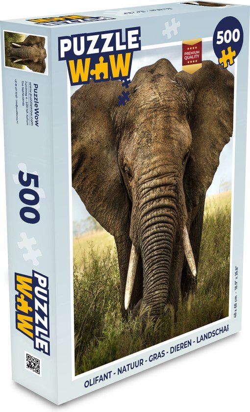 MuchoWow Puzzel Olifant - Natuur - Gras - Dieren - Landschap - Legpuzzel - Puzzel 500 stukjes - Sinterklaas cadeautjes - Sinterklaas voor grote kinderen