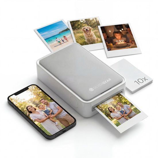 Silvergear Mobiele Fotoprinter - Mini Printer voor Telefoon - Incl. Fotopapier - Draadloos & Bluetooth - Portable Photo Printer Phone - Pocket Thermal Printer - Kleur - Draagbaar Printer voor Smartphone - Foto Afdrukken - Draadloze Foto Afdrukker - Silver