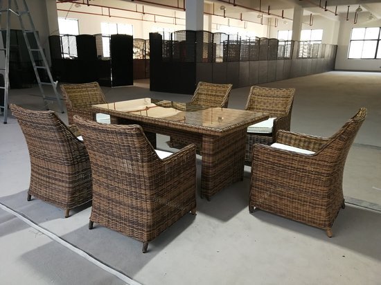 Parlux Dining set - 7 delig - Bruin wicker - Grijze kussens