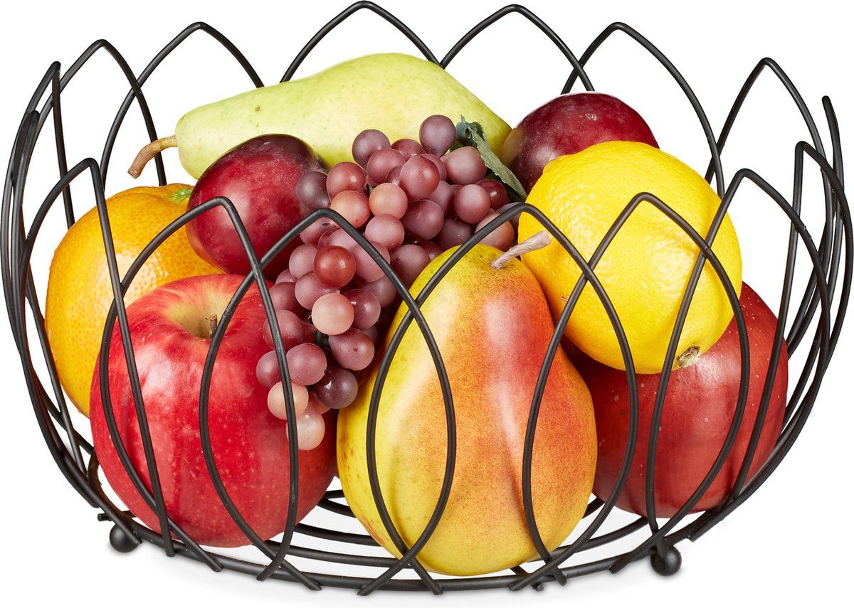 Relaxdays fruitschaal zwart metaal - moderne fruitmand - broodmand - draadmandje - groot