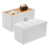Todeco Opbergkist met 2-in-1 deksel, opbergbank, opvouwbaar, kunstleer, poef met opbergruimte, poef voor binnen, 80 l, voor woonkamer, open haard, wit