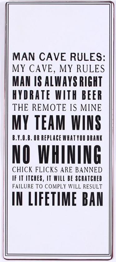 Wandbord Man Cave Rules - Zwart/Wit - Metaal - 30.5 x 13 cm