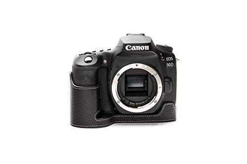 Zakao EOS 90D Case, Handgemaakte Echt Lederen Half Camera Case Tas Cover voor Canon Eos 90D Bottom Opening Versie Met Hand Strap (Zwart)