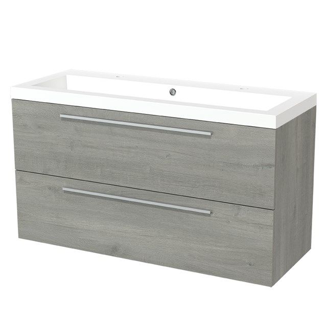 Maxaro Badkamermeubel 120cm Modulo Grijs Eiken 2 lades Vlak Wastafel Mineraalmarmer