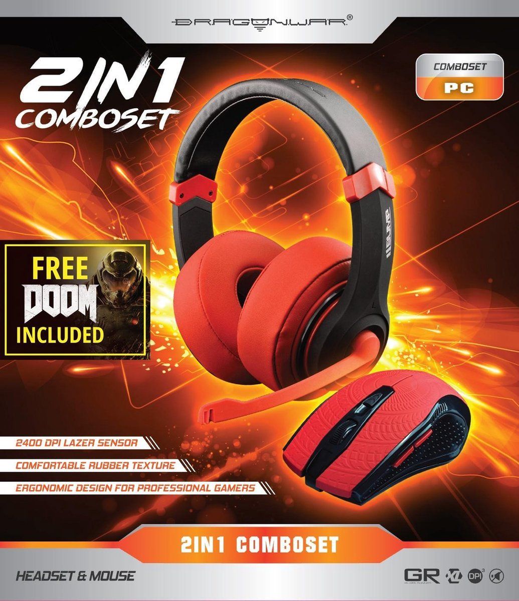 DRAGON WAR 2in1 Combo Set Gaming Headset + Gaming Muis Rode Editie + Doom