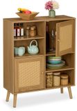 Merkloos Relaxdays dressoir, 2 rotan deuren, 4 open vakken, 2 kastvakken, HxBxD: 97x80x25 cm, woonkamerkastje op pootjes, natuur