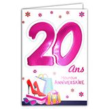 Age Mv 69-2022 verjaardagskaart, 20 jaar, meisjes, jongens, dames, schoenen met hak, modieus, winkelen, handtas, zonnebril, sterbloemen