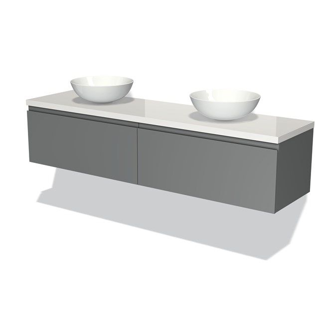 Maxaro Badkamermeubel Modulo Plato 180cm Middengrijs 2 Lades Greeploos Hoogglans Wit Blad