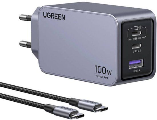 Ugreen 100W GaN Charger for Phones Laptop 2x USB-C Fast Transparent