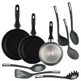 Well Home Set de 3 casseroles, Ø 16 x 20 x 24 cm, en aluminium embouti gris métallisé + 6 ustensiles de cuisine en PBT, noir