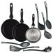 Well Home Set de 3 casseroles, Ø 16 x 20 x 24 cm, en aluminium embouti gris métallisé + 6 ustensiles de cuisine en PBT, noir