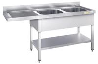 GOLDINOX RVS spoelbak voor vaatwasser, 2 bakken, 2000x600 mm, met afvoerbak aan de linkerkant, PREMIUM
