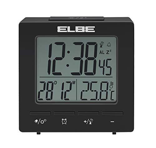 Elbe RD-005-N wekker met thermometer, binnentemperatuur, compact, 2,55 inch LCD-display, achtergrondverlichting, dubbel alarm, snooze-functie, zwart