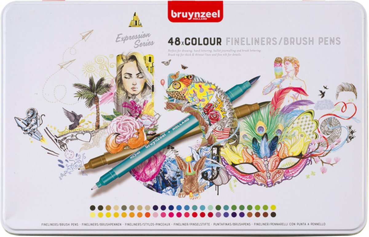 Bruynzeel Fineliner en brushpen etui 48 kleuren | 4 stuks