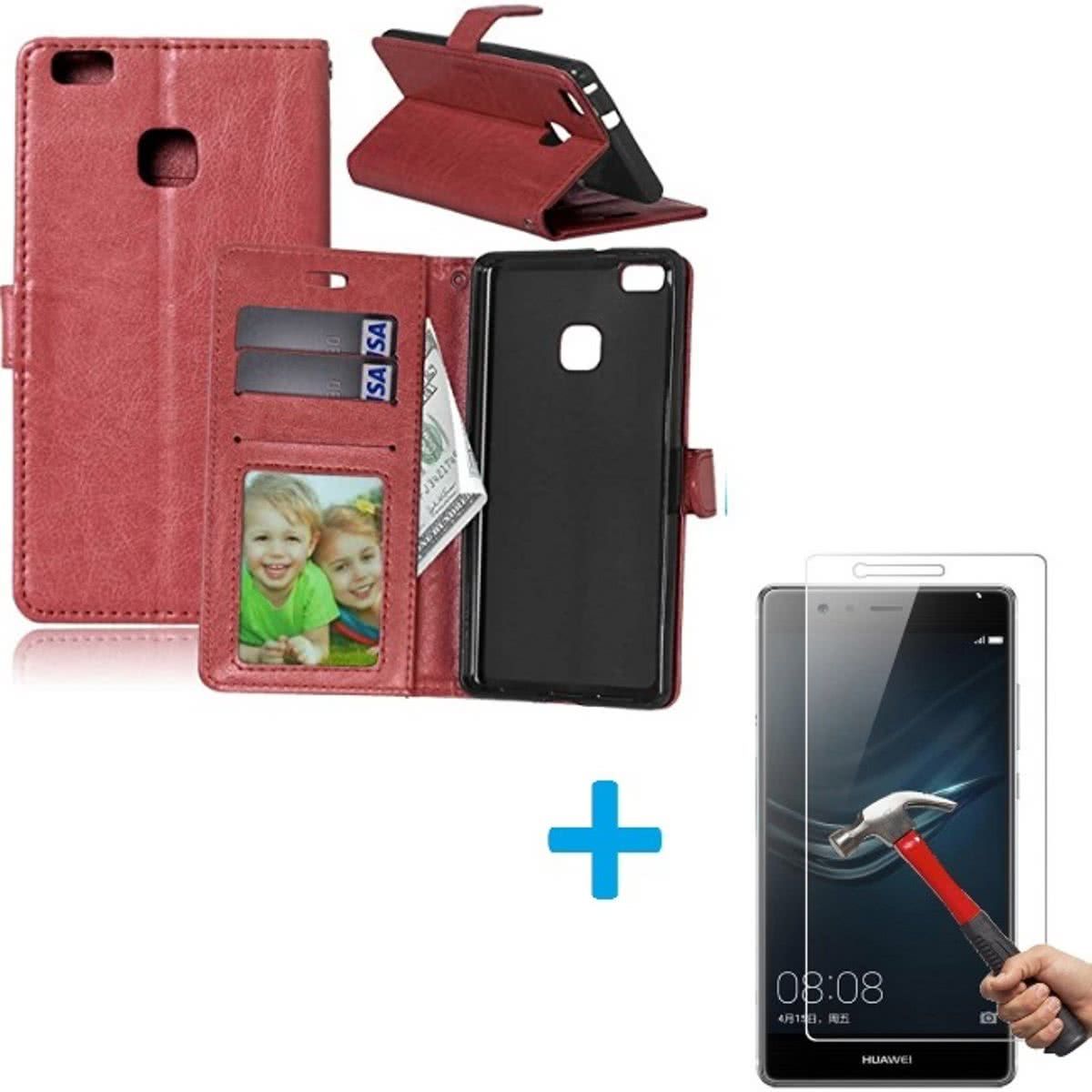 Aml Huawei P9 Portemonnee hoes bruin met Tempered Glas Screen protector