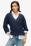 Superdry - Oversized gebreide crickettrui met V-hals - Dames - Katoen/Acryl - Maat 14-16 - Richest Navy