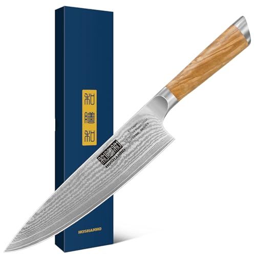 HOSHANHO Damast Keukenmes, 20 cm, Professioneel Japans Koksmes van Damaststaal met 67 Lagen, Super Scherp Keukenmes, Handvat van Olijfhout