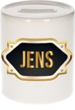Bellatio Decorations Spaarpot met voornaam Jens - wit - met goud/zwart embleem - 8 x 9 cm - keramiek - met afsluitdop - cadeau verjaardag
