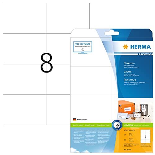 HERMA 8645 universele etiketten A4 groot (105 x 74 mm, 10 velles, papier, mat) zelfklevend, bedrukbaar, permanente klevende adreslabels, 80 etiketten voor printer, wit
