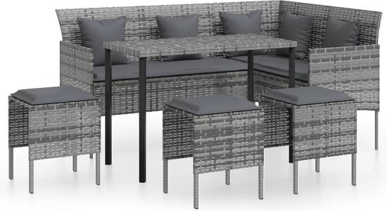 vidaXL 5-delige Loungeset met kussens L-vormig poly rattan grijs