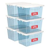 Cetomo Opbergdozen met deksels, 15L x 6 stuks, plastic opbergdoos met veilige zijvergrendelingen, PP nestbare en stapelbare doorzichtige organizer voor thuis, kantoor, verhuizing, transparant blauw