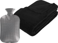Atmosphera Groot Fleece deken/plaid Zwart 230 x 180 cm en warmwater kruik 2 liter