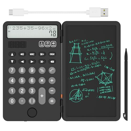 NEWYES Draagbare rekenmachine met notitieblok, 2-regelig, 12-cijferig groot display, oplaadbare zonne-energiecalculator voor kantoor, school, studenten (zwart)