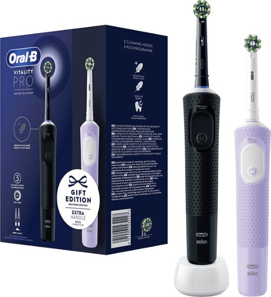 Oral-B Oral-B Vitality Pro Duopack, Zwart & Paars Elektrische Tandenborstels, 2 Opzetborstels, Ontworpen Door Braun